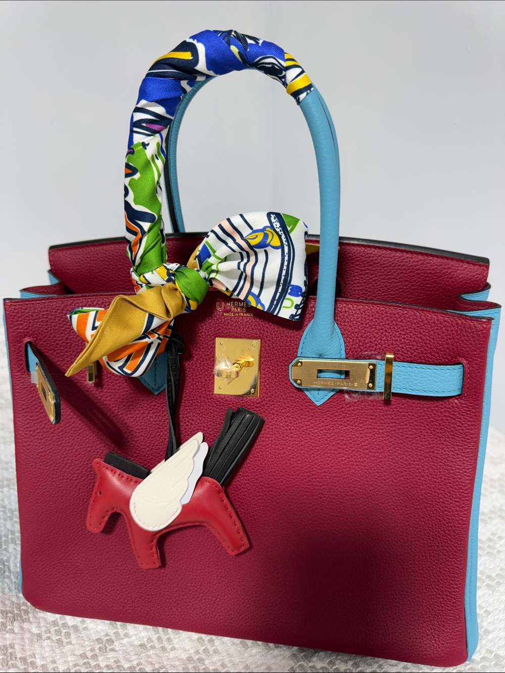 Hand Sewn Magenta Leather Tote with Turquoise Trim